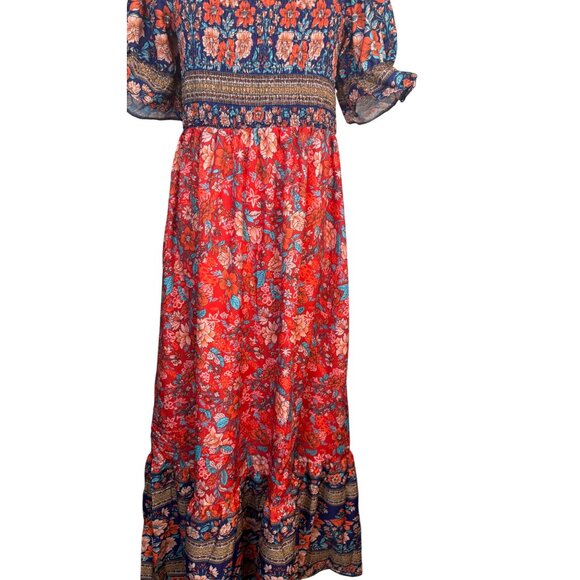 NEW Bohemian Large Floral Boho Maxi Dress Smocked Bodice & Puff Sleeves - Picture 5 of 12